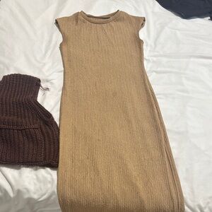 SHEIN Tan Ribbed Midi Dress Crew Neck Cap Sleeve